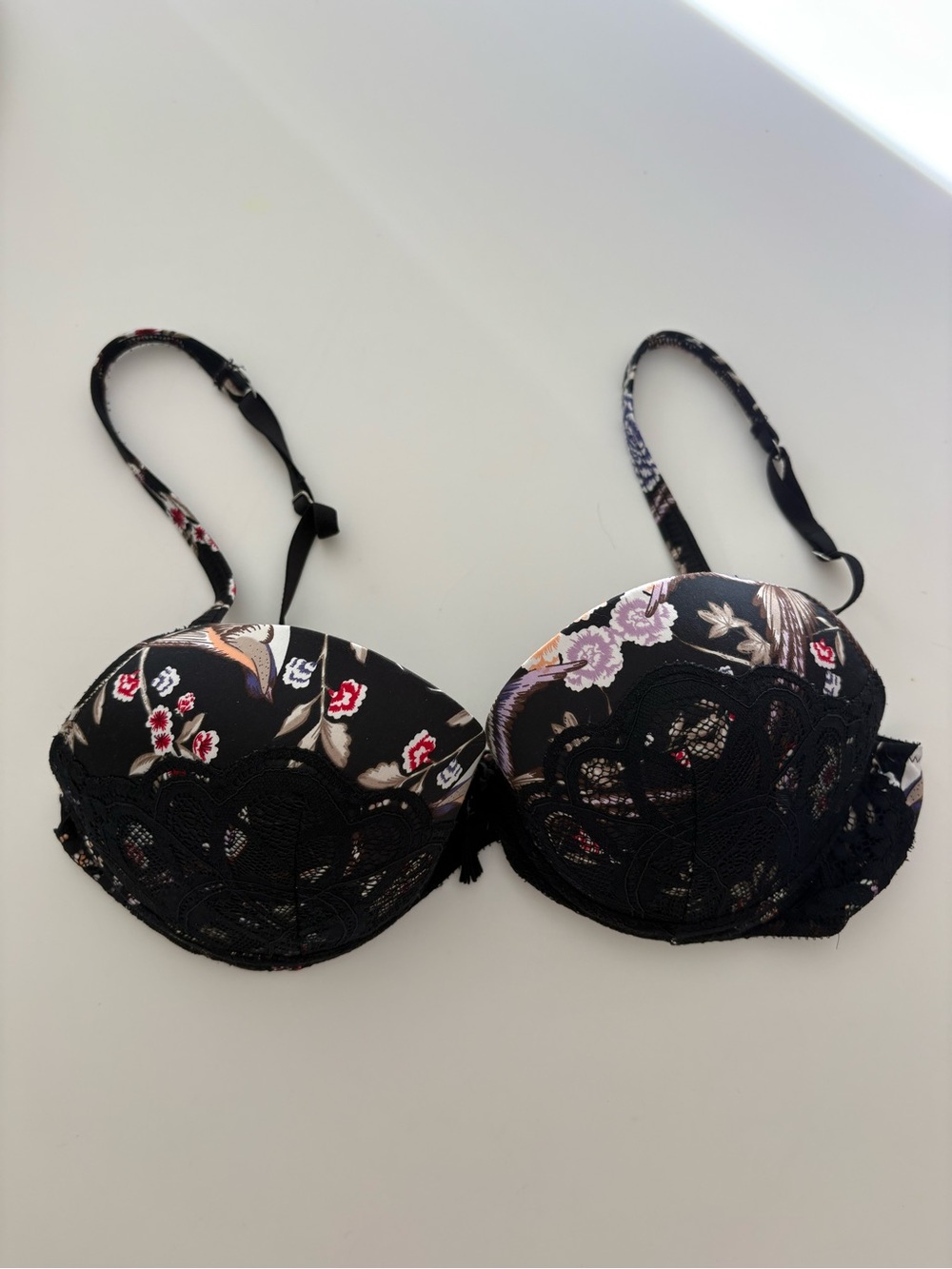 Floral Lace Demi Push-Up Bra in Black